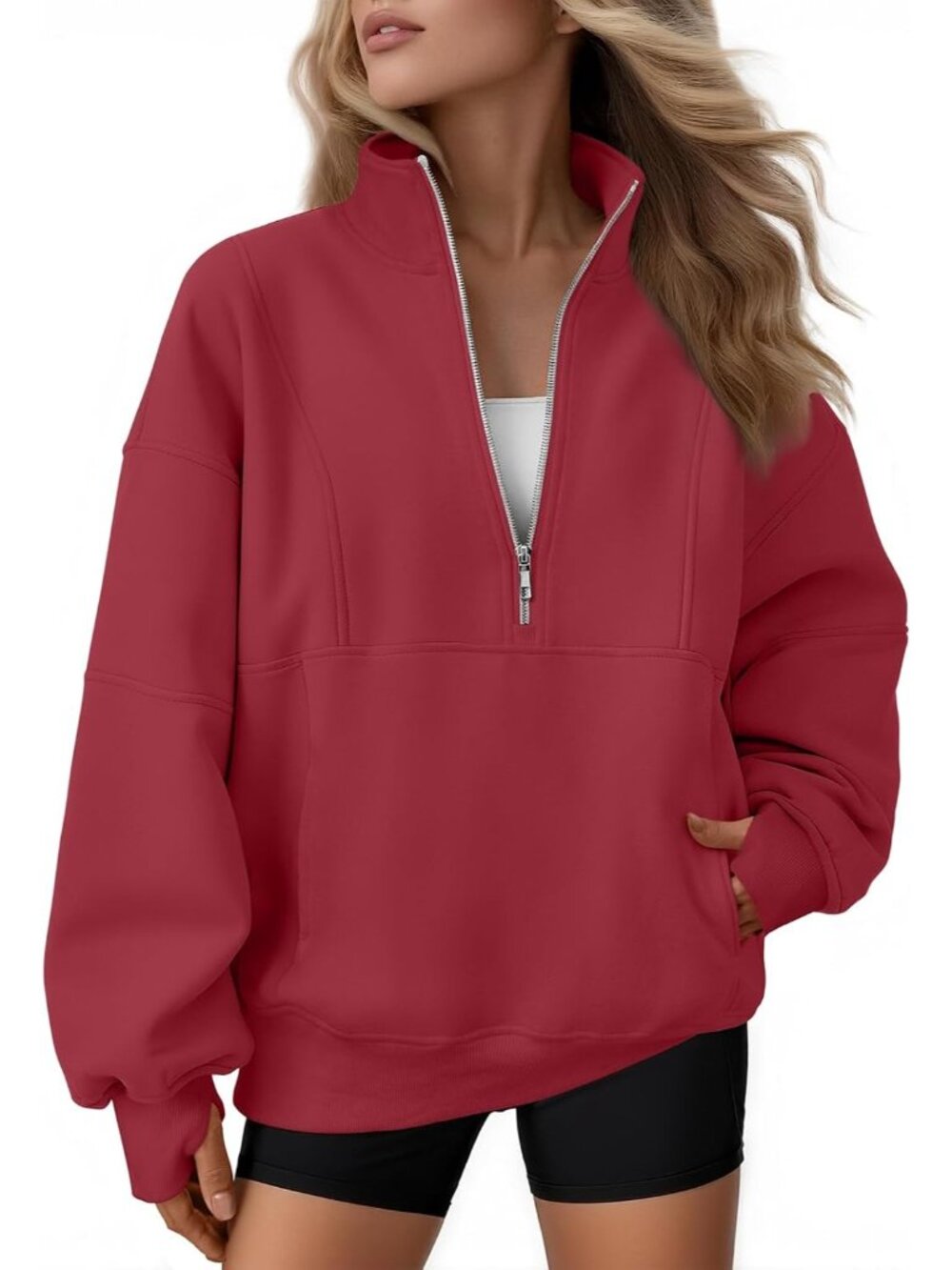 〽️Women's Red Quarter Zip Oversized Fleece Mock Neck Pullover Hoodie Jacket